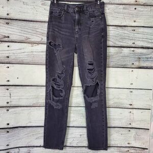 American Eagle Mom Jeans Women’s Size 0 Regular Black Distressed Ripped High Ris
